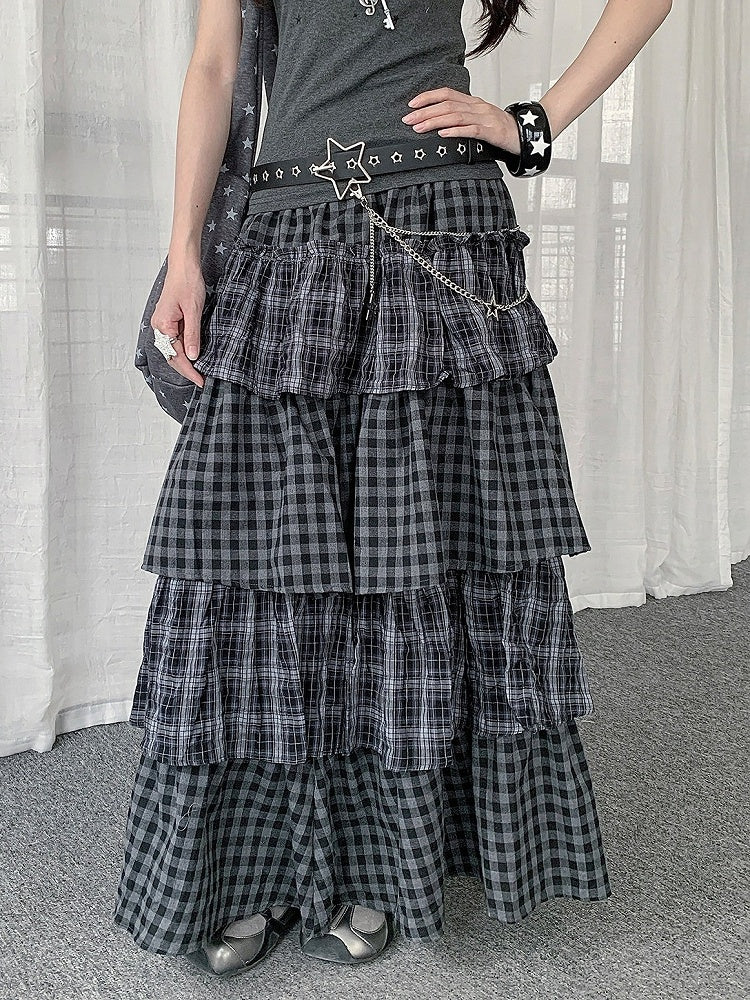 Two Tone Plaid Layered Ruffle Skirt - Solkatt