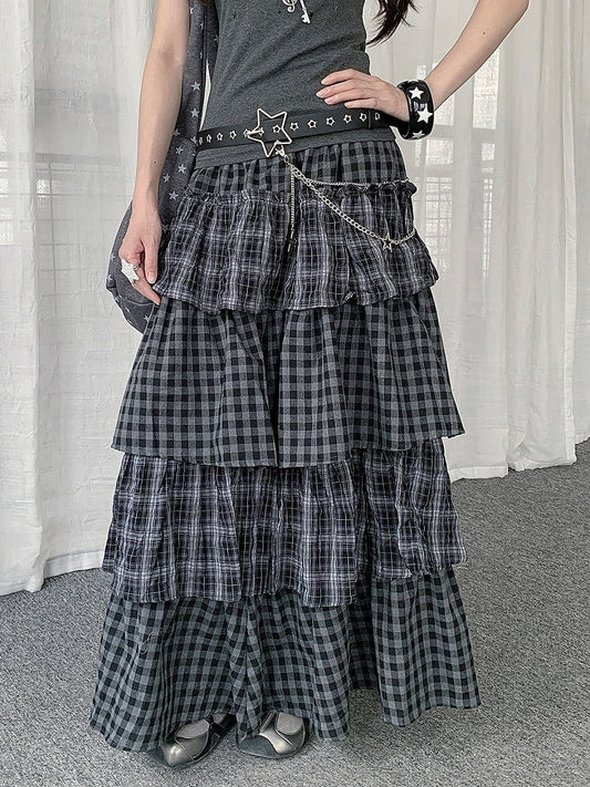 Two Tone Plaid Layered Ruffle Skirt - Solkatt