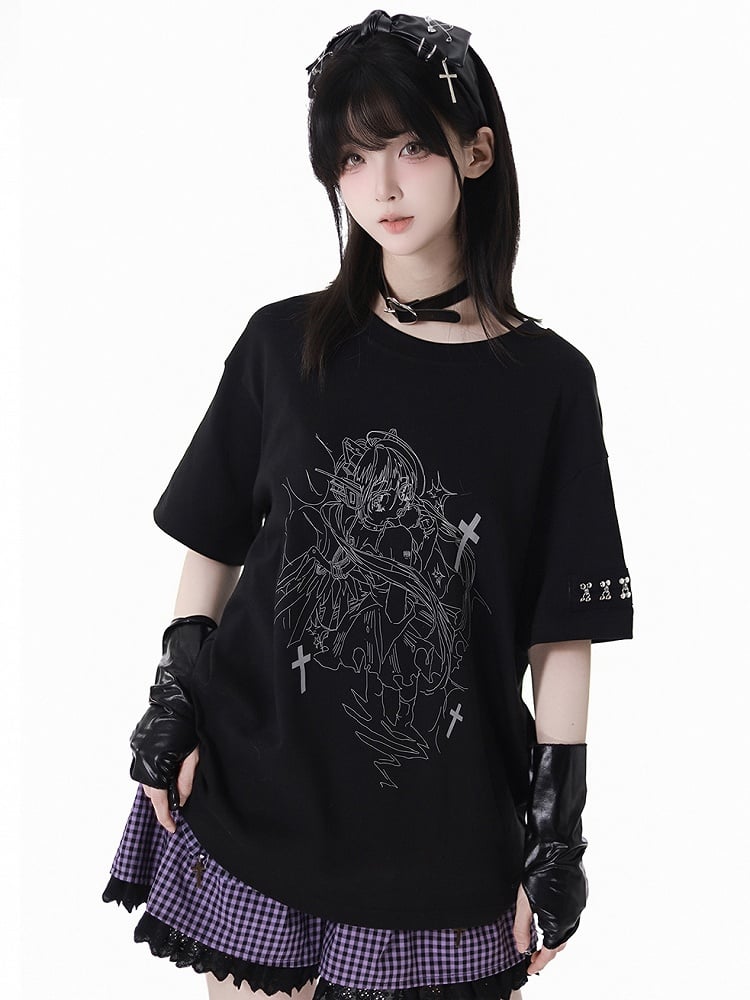 Print T-Shirt Angel Black Round Neck Reflective Cyber