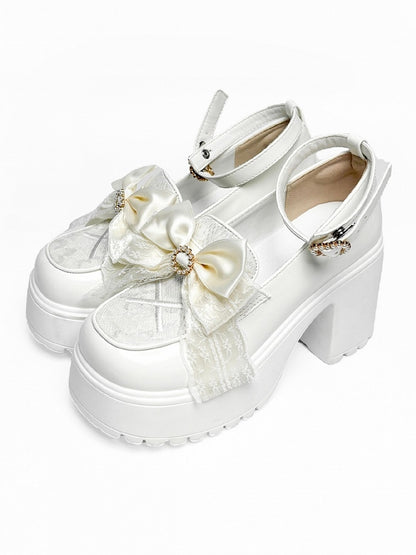 Herz-Plattform Perlen Jirai mit - Vamp Bow Kei White Heels Hohe Schnalle Block Matching