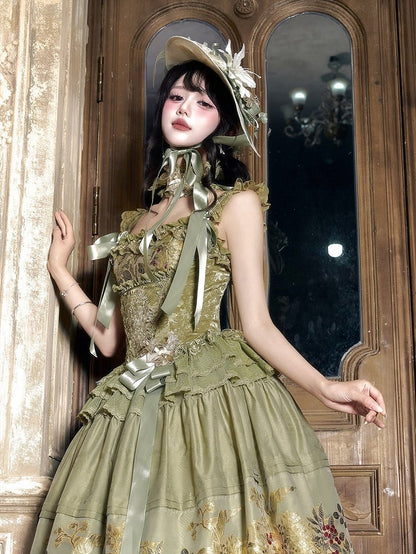 Dark Green Floral Lace Boned Corset with Satin Bow - Yimu Walnut