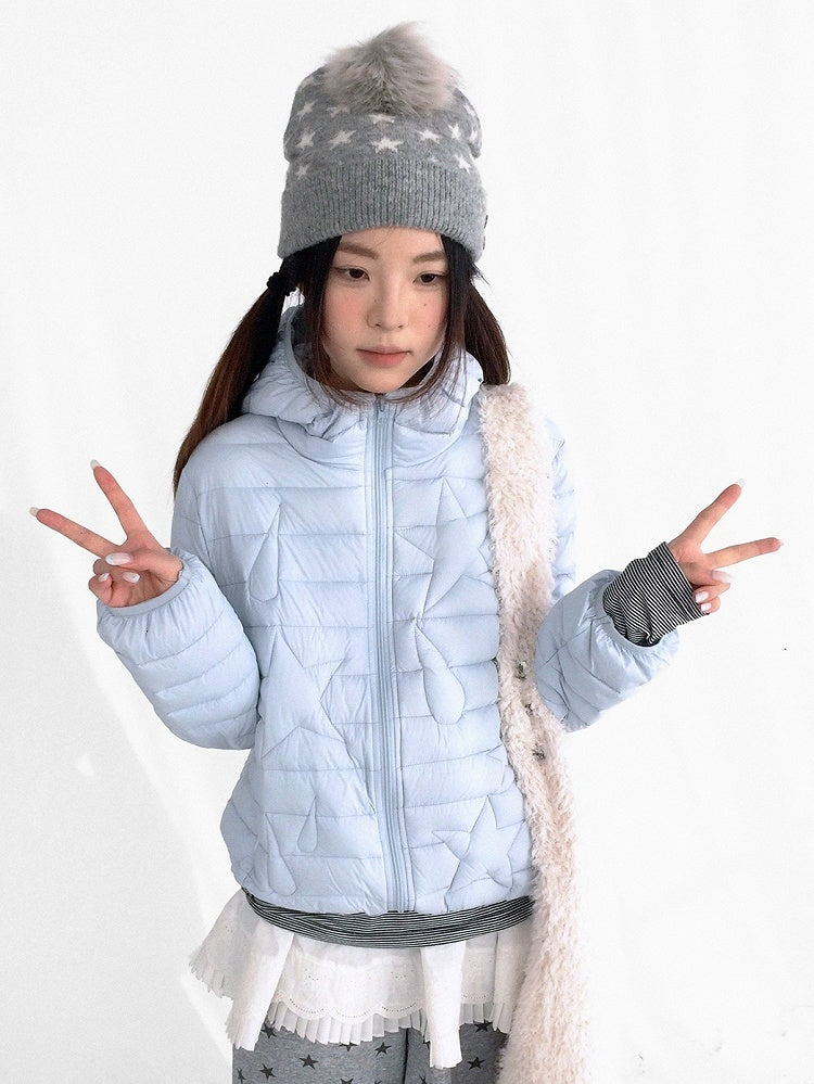 Teardrop Pattern Zipper Jacket with Blue Front Down Hooded - Star Ribbed