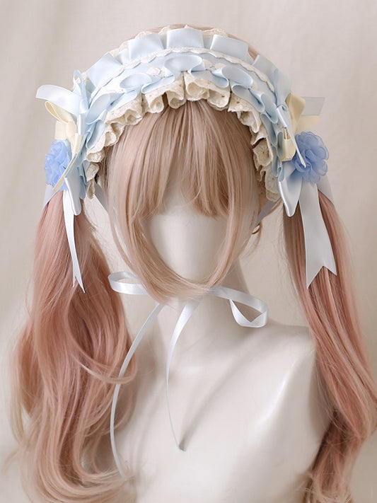 Light Elegant Hairband Cute With Lolita And Beige Flowers Blue
