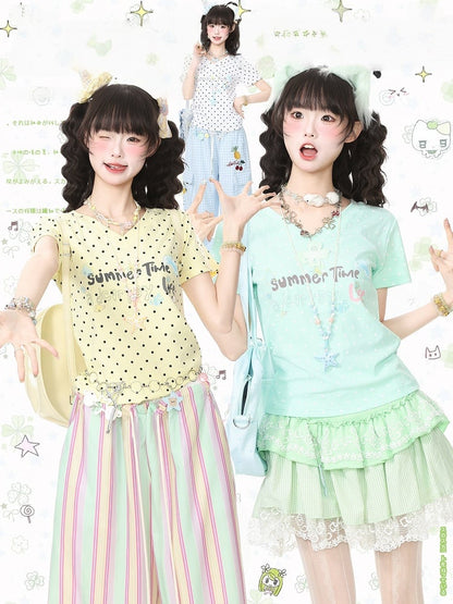 Green Summer Kawaii Letter Print V-Neck Short Sleeve T-Shirt with Starfish Necklace - Languid Park