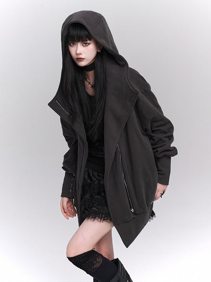with Gothic Dark Ribbed Front Details Zip-Up Gray Fleece-Lined Jacket Hooded