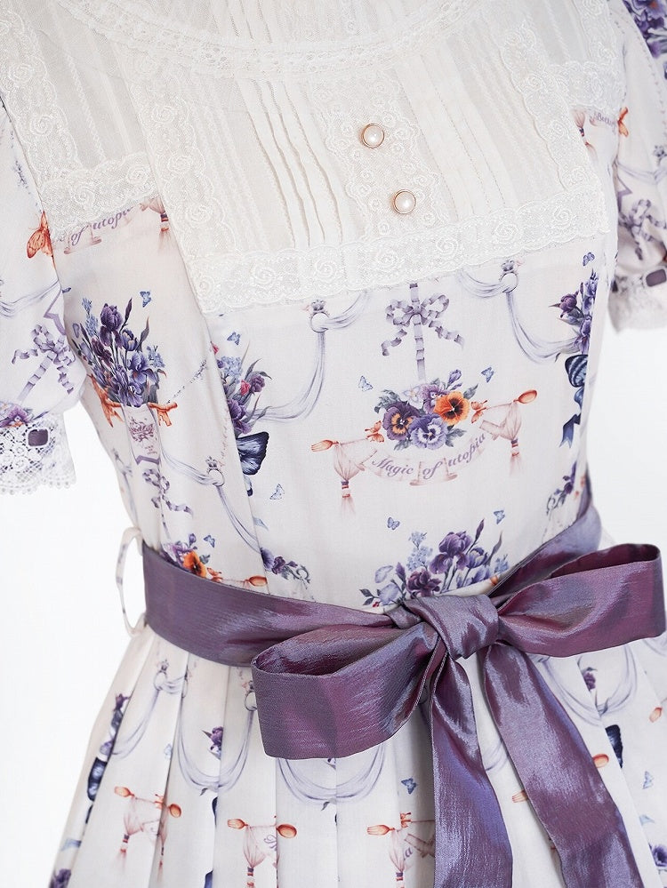 White-Purple Pansy Print Pleated Elegant Lolita OP Gown