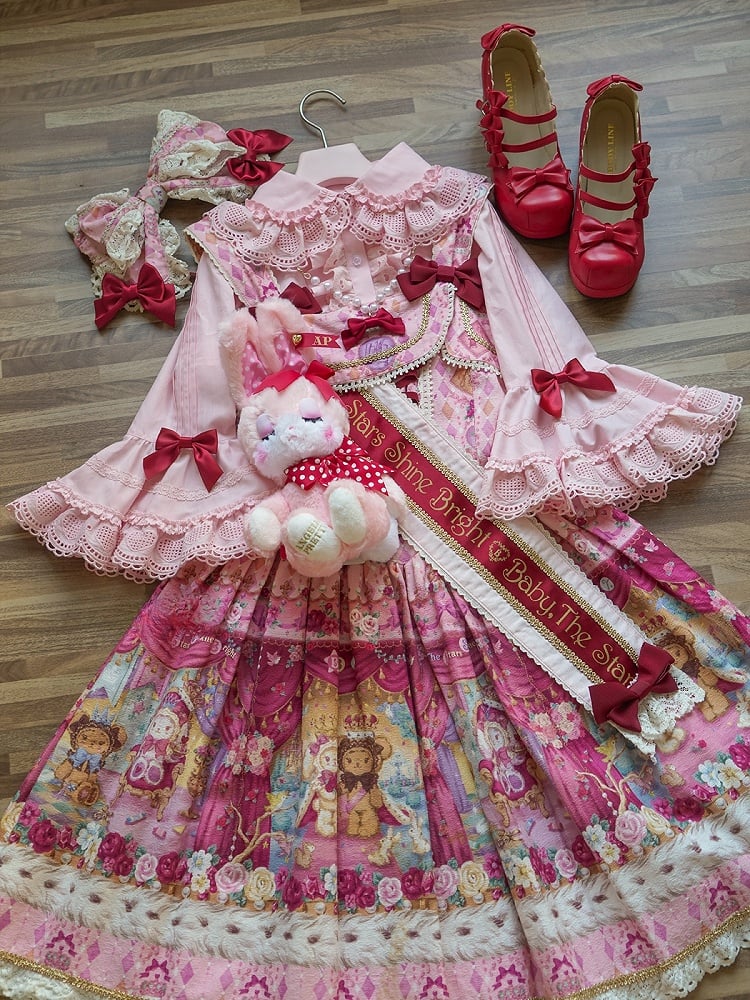 ピンクのラウンドフラットカラーベルスリーブコットンブラウス