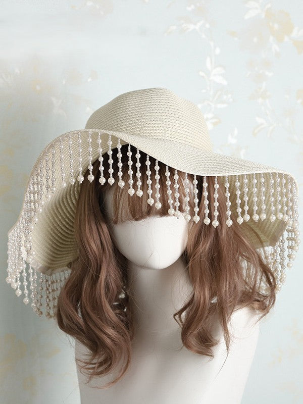Beige Wide-Brim Pearl Straw Hat Vintage Tassel Lolita