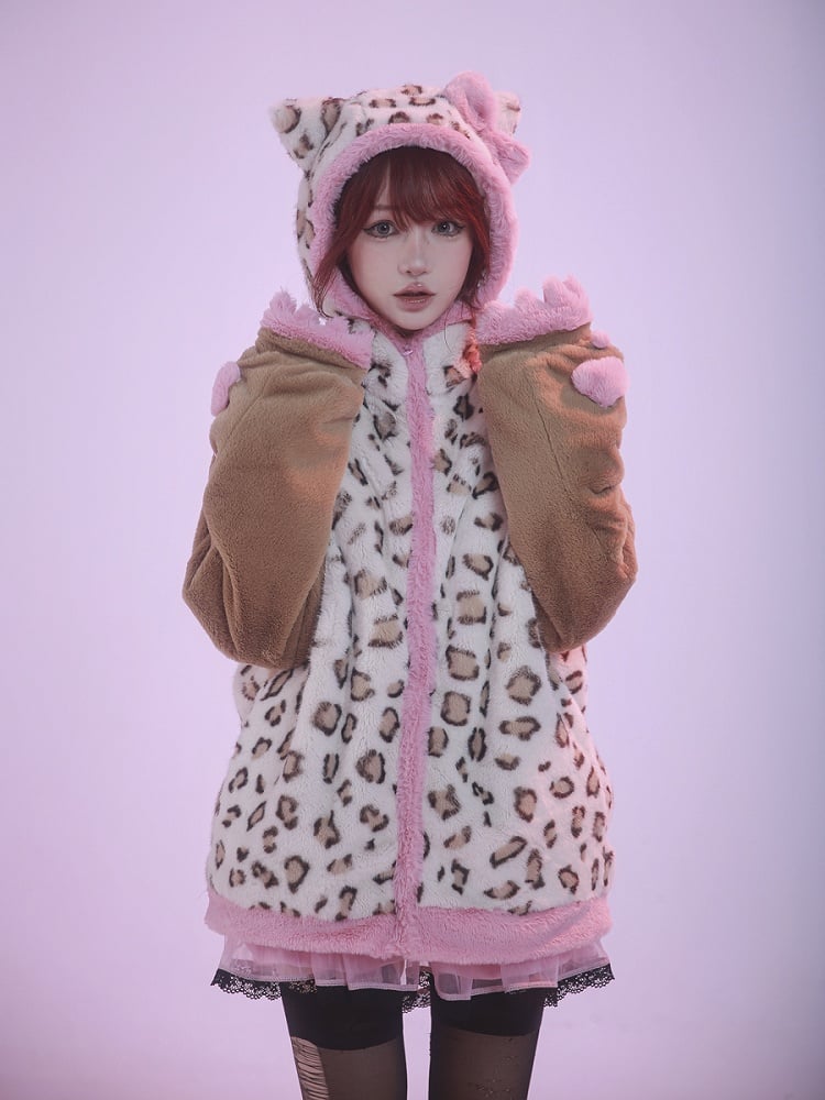 Braune und rosafarbene Plüschjacke mit Kapuze und Kätzchenohren im Leopardenmuster