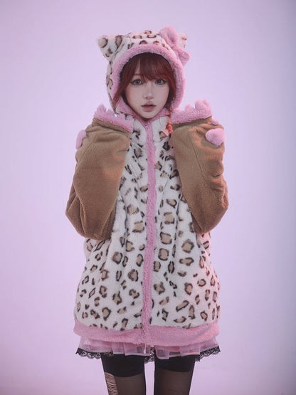 Braune und rosafarbene Plüschjacke mit Kapuze und Kätzchenohren im Leopardenmuster