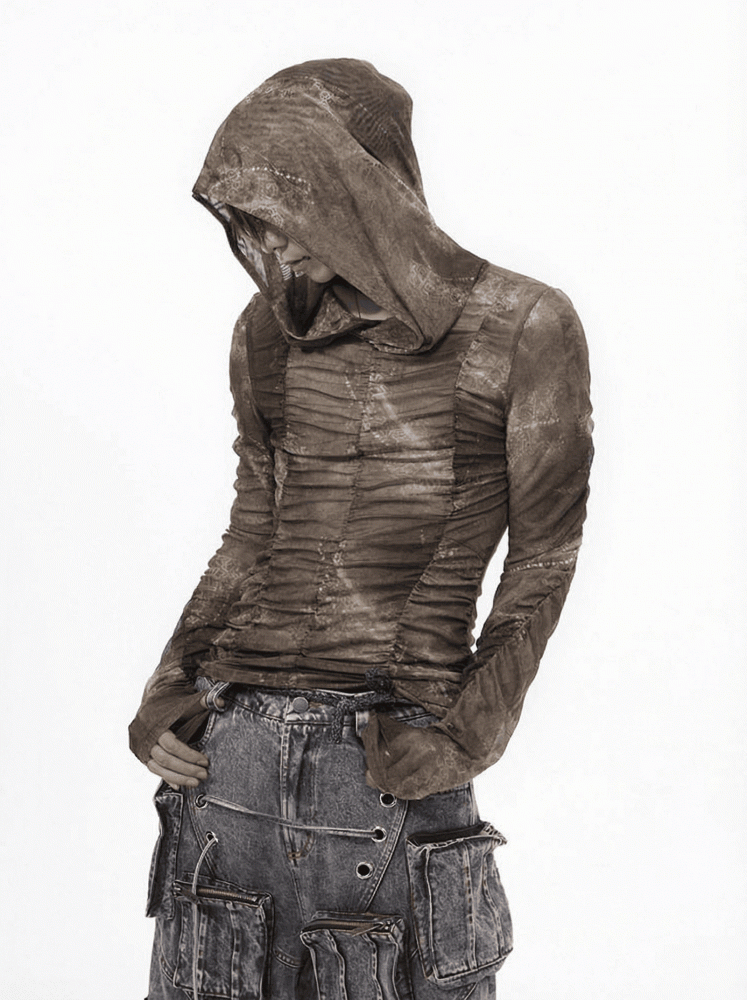 Brown Wasteland Punk Long Sleeve Top - Ruched Detail & Thumbhole Cuffs