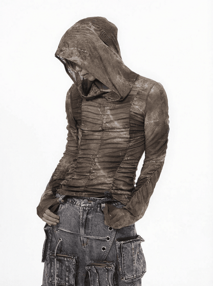 Brown Wasteland Punk Long Sleeve Top - Ruched Detail & Thumbhole Cuffs