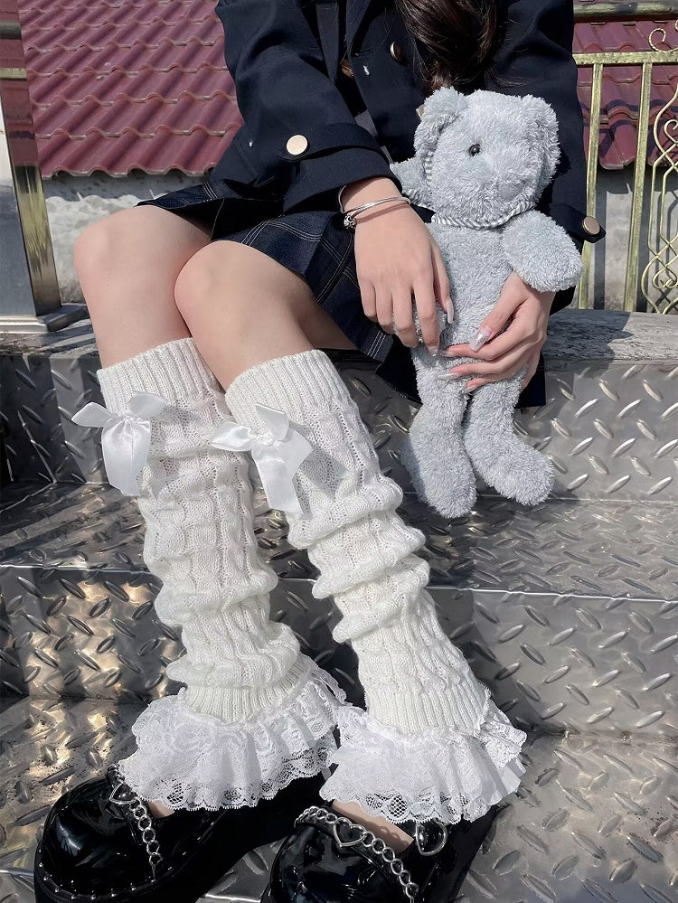 ホワイト/ブラックのフリル付きレースカフスボウロリータレッグウォーマー
