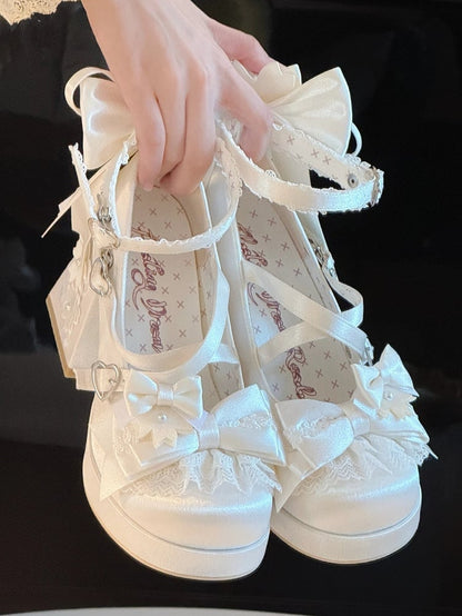 Block High with Sakura Details Bowknot White Platform Themed Satin Lolita - Heels
