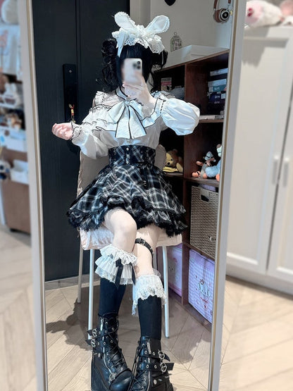 Monochrome Cutout Shoulder Long-Sleeve Bow Ruffle Blouse - YoshiKi