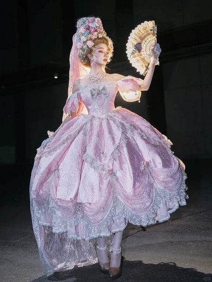 Version Details Ruffles Hanayome Pink Short with and Layered Hime Gown Bow Lace Lolita Off-Shoulder