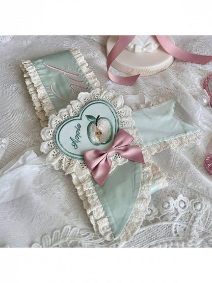 Lace-Trimmed Lolita Sash and Heart Apple Embroidered Brooch Set in Two Colors - Yinying Lolita