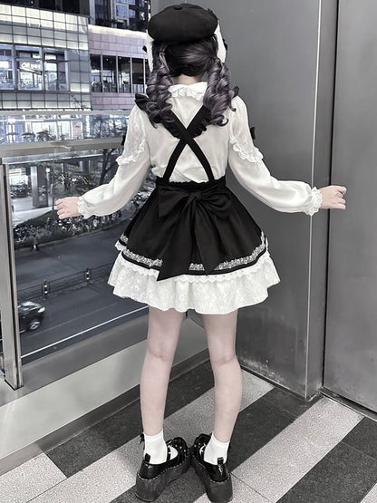 Jirai Kei Schwarz-Weißes Overallkleid mit Stufenrock und hoher Taille im Landmine-Stil