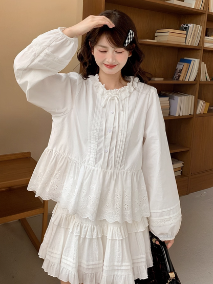 Self-tie Ruffle Neckline White Pleating Hem Blouse Details Lace