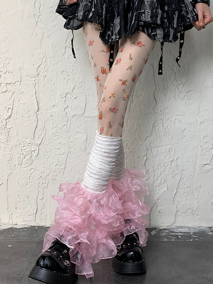 レーススリーブ マルチレイヤートリム Y2K ホワイトピンク レッグ