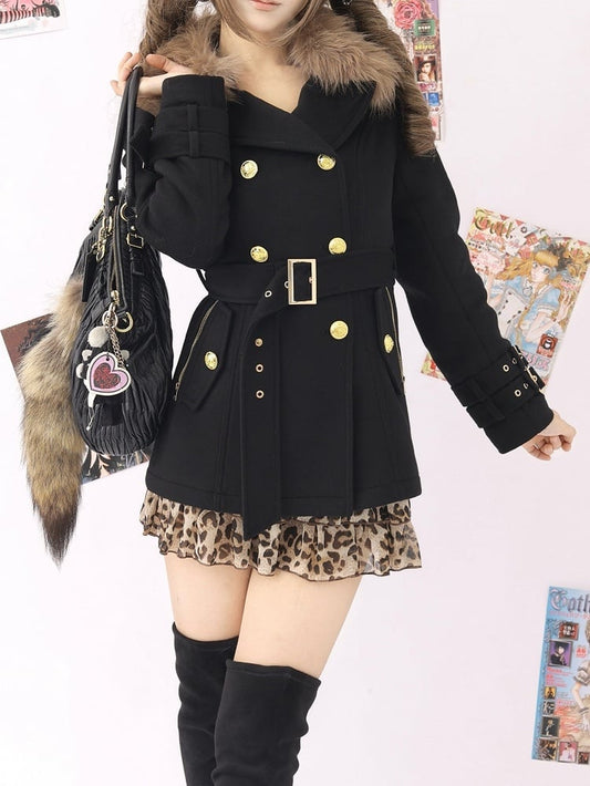 Black Wool Double-Breasted Coat with Faux Fur Collar and Gyaru-Style Buckle Detailing