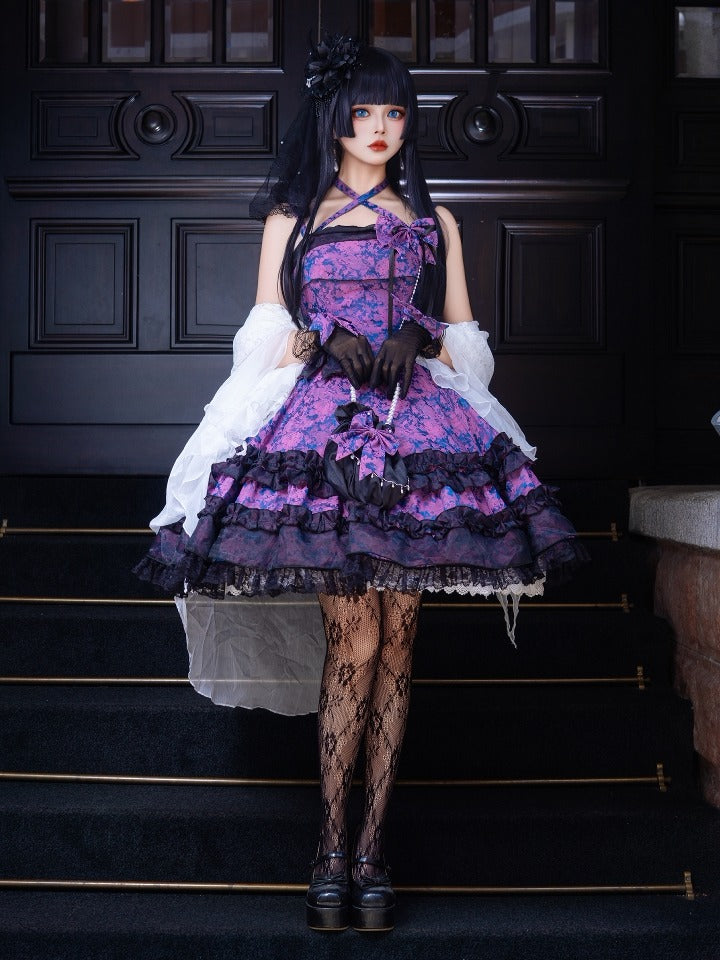 Purple & Black Bowknot Pearl Chain Halter JSK Dress