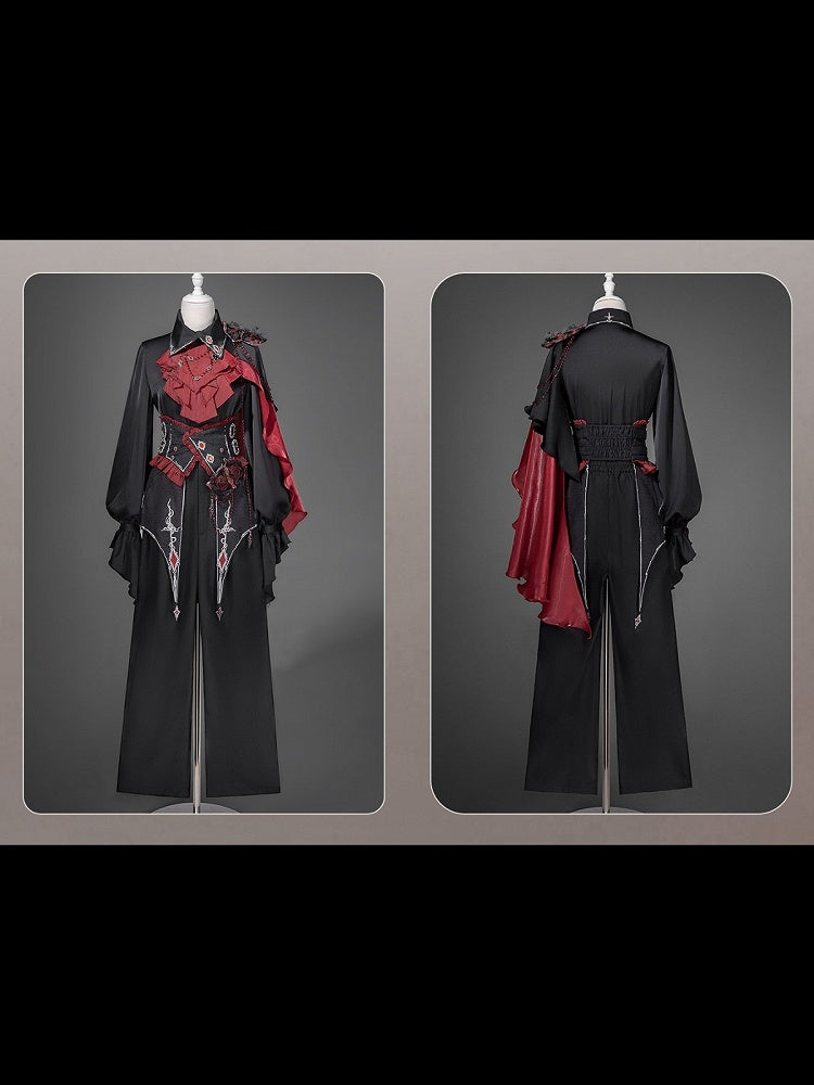 Ouji Lolita Gothic Shirt, Long Pants and Corset Set with Capelet in Black & Red - Unknown Star