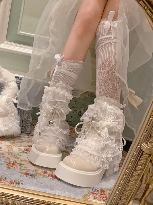 Lace Lolita Platform Elegant Boots Off-white Trim with