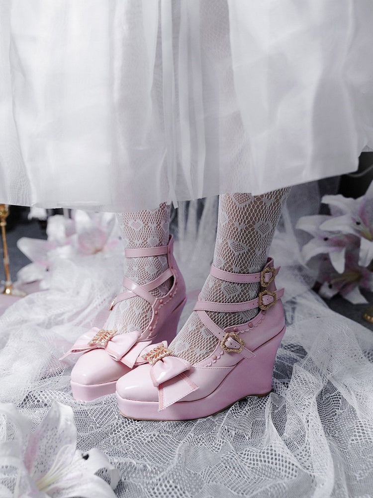 Pink Gothic Lolita Polished Shoes with Butterfly Bow & 10cm Slope Heel - sphenoid