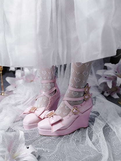 Pink Gothic Lolita Polished Shoes with Butterfly Bow & 10cm Slope Heel - sphenoid