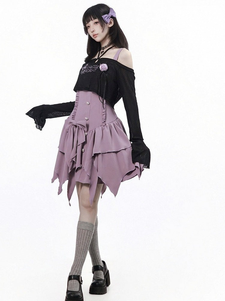 Purple Asymmetric Cami Dress with Ruffle & Bow - PINK SAVIOR