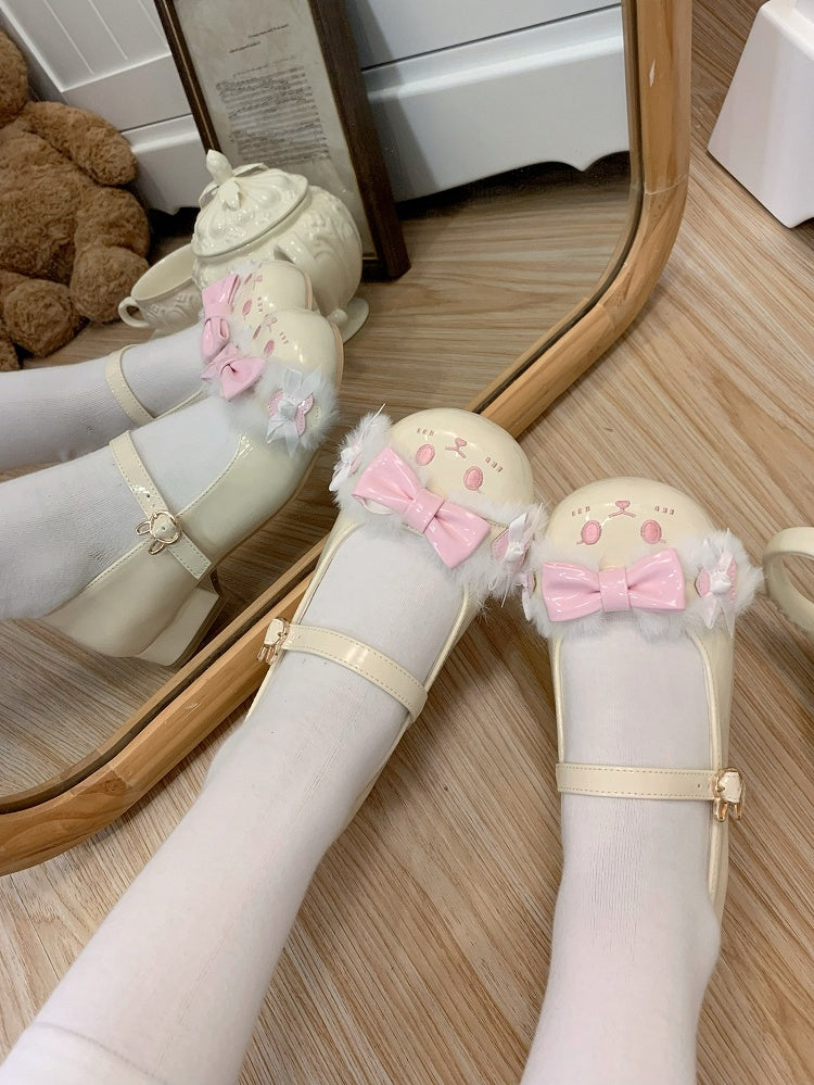 Details Buckle Shoes Lolita Sweet YellowPink Bunny With Toe Ear Round Strap Bowknot Plush