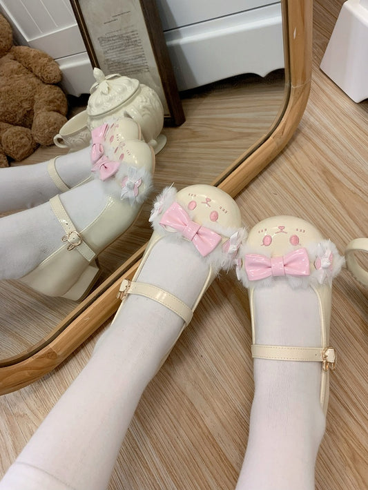 Details Buckle Shoes Lolita Sweet YellowPink Bunny With Toe Ear Round Strap Bowknot Plush
