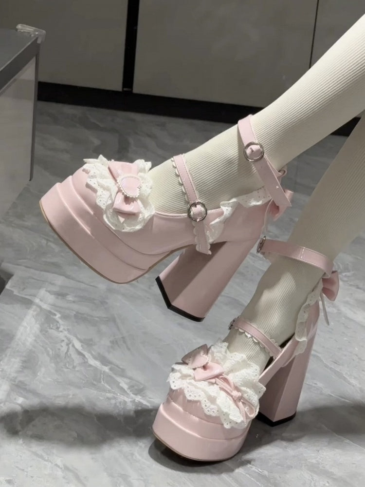 Sweet Trim Pink Lace High-heel Lolita Janes Heart Decor Mary Top Bow with