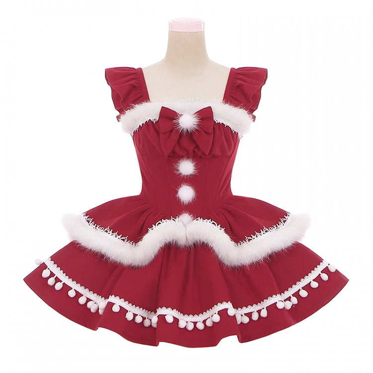 Christmas Red Princess Basque Waist Jumper Skirt with Festive White Plush Trim
