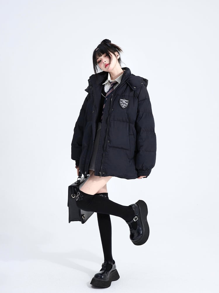 Padded Black Hooded Cuffs Short with Patches Coat Preppy Elastic Badge