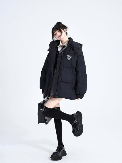 Padded Black Hooded Cuffs Short with Patches Coat Preppy Elastic Badge
