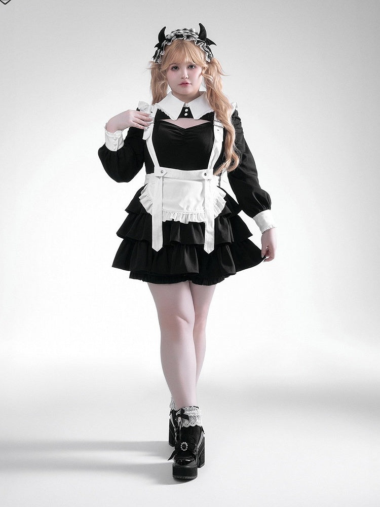 Black White Jirai Kei Collared Tiered Ruffle Dress Shorts Set - Fluffy Heart