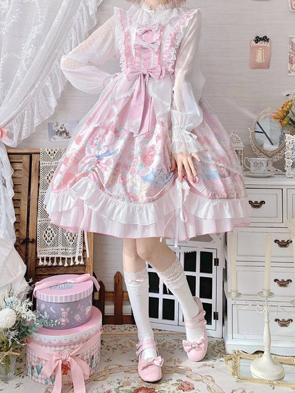 with JSK Dress Lolita Train Floral Pink Tulle Bunny Print Sheer