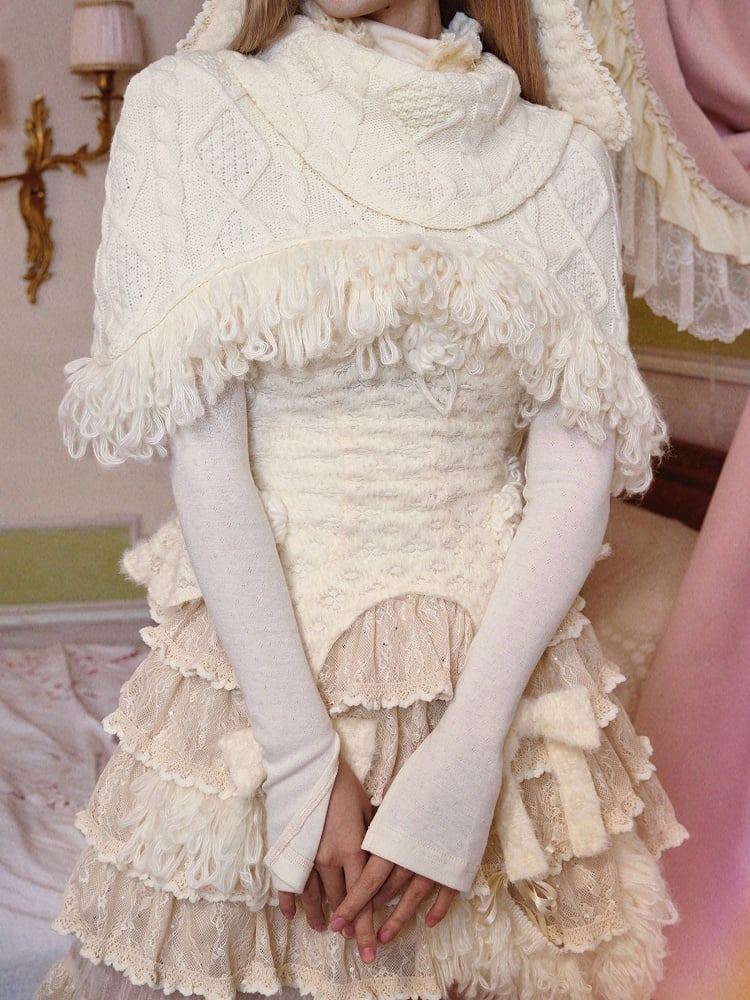 Cable Knit Shawl Cream White Fringe-Edged with Thick