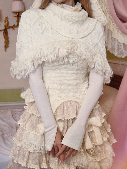 Cable Knit Shawl Cream White Fringe-Edged with Thick