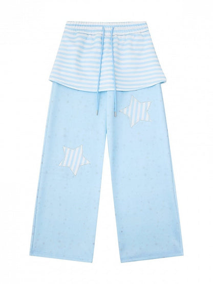 Blue Star Patches Straight Pants with Striped Overlay Detail - Languid Park