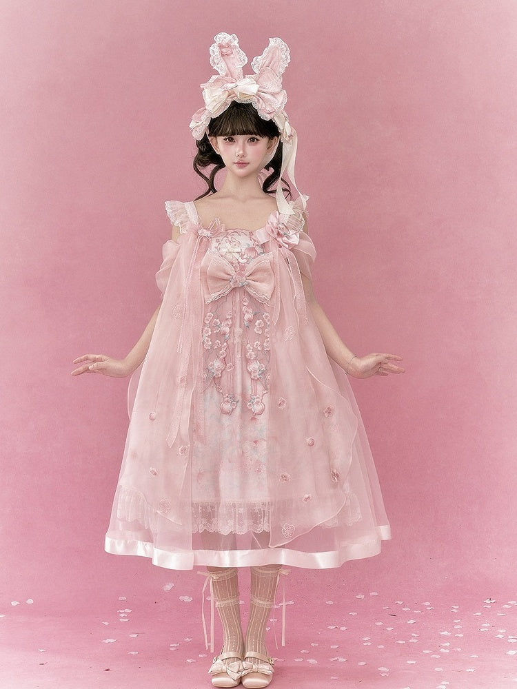 Chinoiserie Frog & Peach Embroidered Hanfu Dress with Overlay & Bows - Yimu Walnut