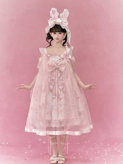 Chinoiserie Frog & Peach Embroidered Hanfu Dress with Overlay & Bows - Yimu Walnut