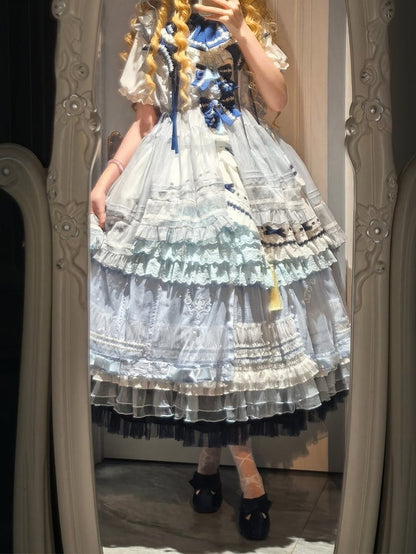 and White Banded Lolita Han Accents Blue Flower Collar Bow Dress with Puff Sleeves