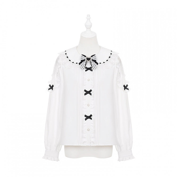Long Cut-Out Jirai Sleeve Kei Lace Shoulder White | Black Blouse Bowknots