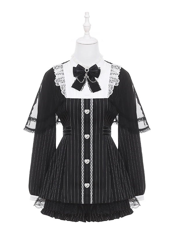 Black Jirai Kei Striped Long-Sleeve Dress with Lace Mesh Cape, Bow Tie & Shorts Set - Puppet Bombs