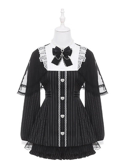 Black Jirai Kei Striped Long-Sleeve Dress with Lace Mesh Cape, Bow Tie & Shorts Set - Puppet Bombs