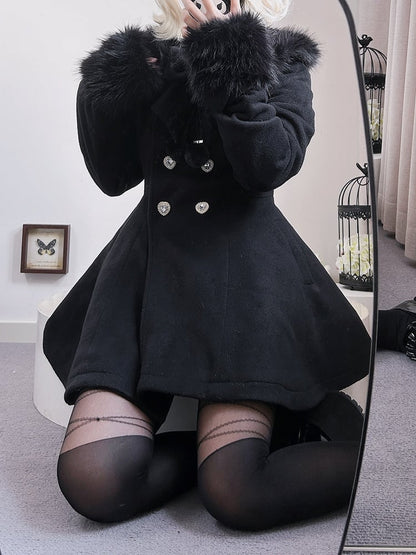 ジライケイ ブラック 取り外し可能なプラッシュカラーとカフス 地雷風 リボン付きウールコート