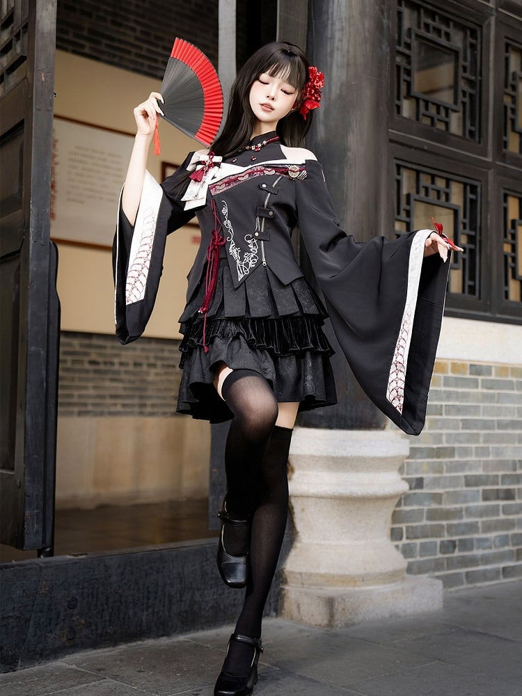 Dark Black Velvet Layered Ruffle Lolita Skirt - Unknown Star